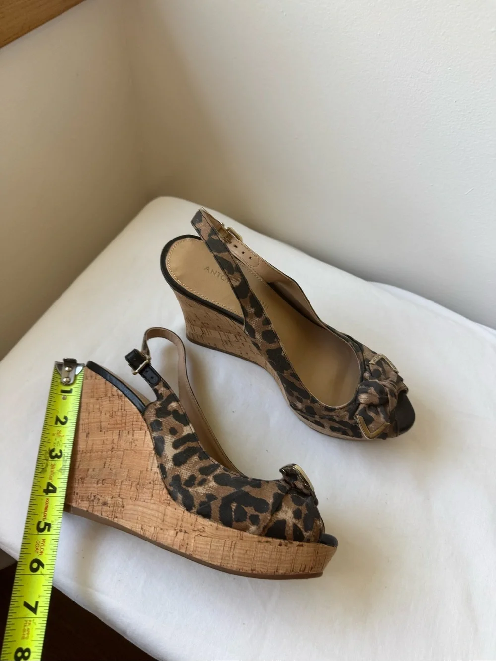 Y2K Antonio Melanie Leopard Cork Wedge Slingback Heels Peep Toe PlatformSize 8.5